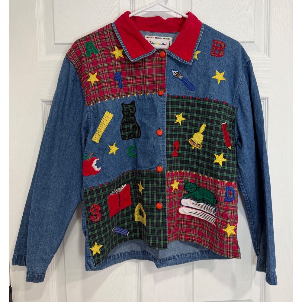 Vintage Tantrums Teacher Denim Patchwork Jacket Embroidered School Plaid Small